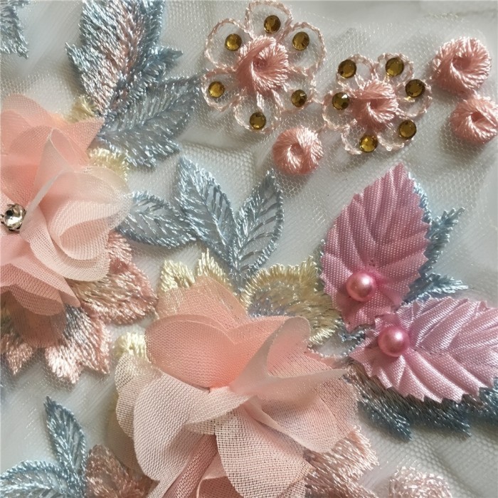 1Pair Elegant Pink 3D Floral & Pearl Lace Collar Appliques - DIY Tulle Embellishments for Women's Clothing, Dresses & Wedding Attire, Wedding Dress Accessory|Floral Lace Design|Pearl Accents