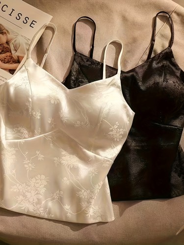 2-Pack Elegant Floral Jacquard Satin Camisole Tops with Built-in Bra, Adjustable Spaghetti Strap V-Neck Knit Vest, All-Season Polyester Camisoles