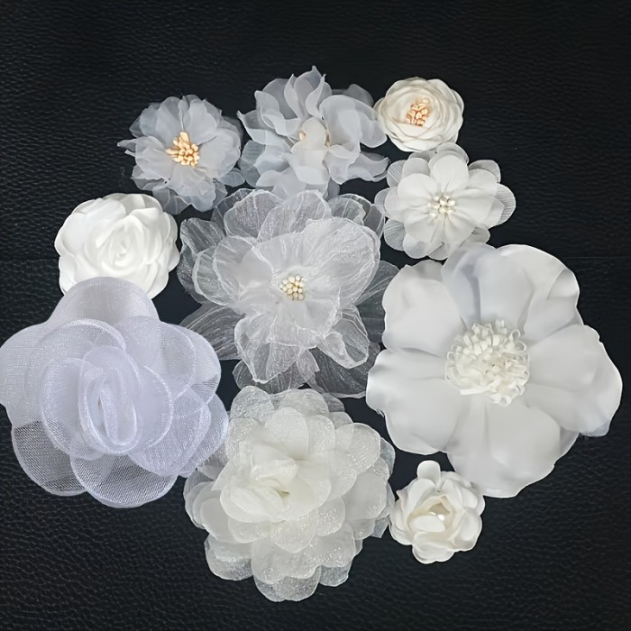10pcs of White Series Mixed Style Chiffon Fabric Floral Wedding Artificial Flower Dress Hat Decorations
