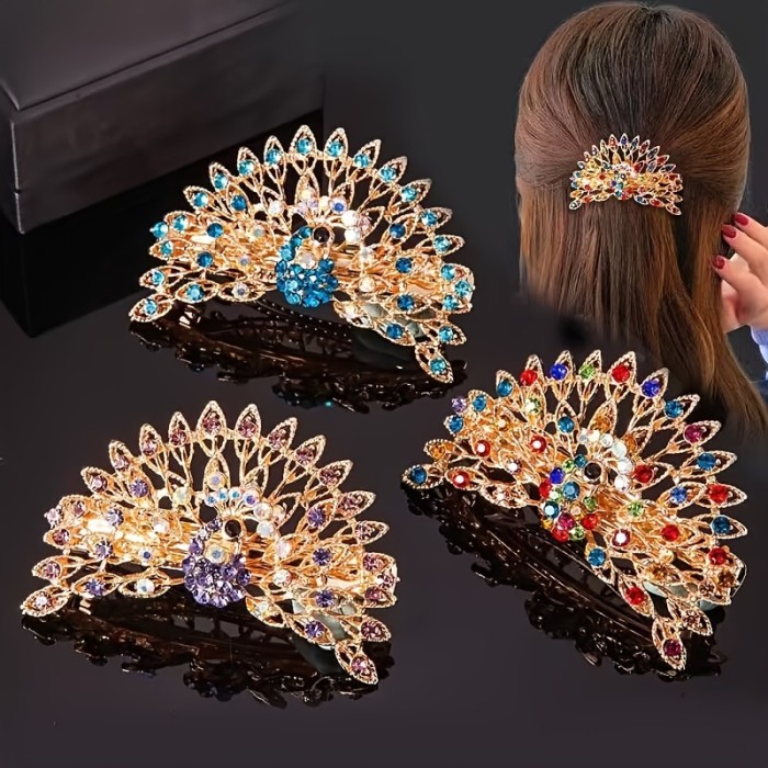 Popular Choice Elegant Peacock Hair Clip with Rhinestones, Large Korean Style Spring Ponytail Holder, Fashionable Alloy Round Animal-Shaped Solid Color Hair Accessory, Hairpin, Spring Ponytail, Hair Accessories