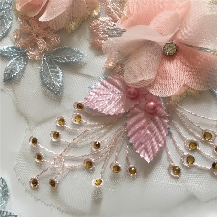 1Pair Elegant Pink 3D Floral & Pearl Lace Collar Appliques - DIY Tulle Embellishments for Women's Clothing, Dresses & Wedding Attire, Wedding Dress Accessory|Floral Lace Design|Pearl Accents