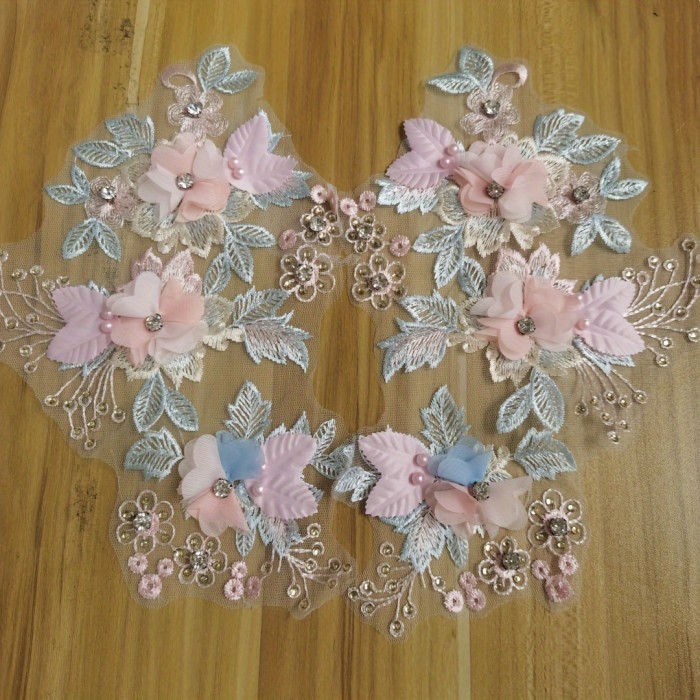 1Pair Elegant Pink 3D Floral & Pearl Lace Collar Appliques - DIY Tulle Embellishments for Women's Clothing, Dresses & Wedding Attire, Wedding Dress Accessory|Floral Lace Design|Pearl Accents