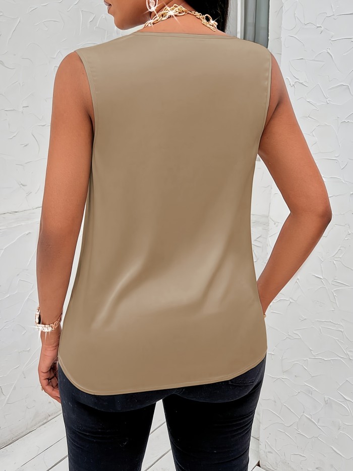 Summer Elegant Sleeveless Solid Color Cowl Neck Tank Top, Women's Clothing
