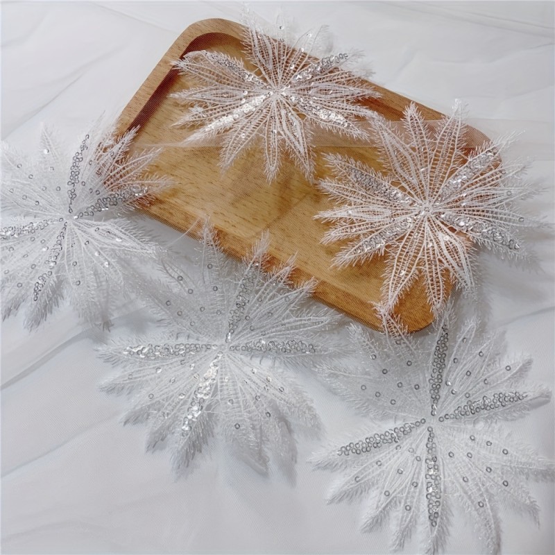 5-Pack White Sequin Lace Snowflake Appliques, Bridal Embroidery Patches, Sewing & Knitting Decor, Badge & Patchwork Supplies for Art & Crafts