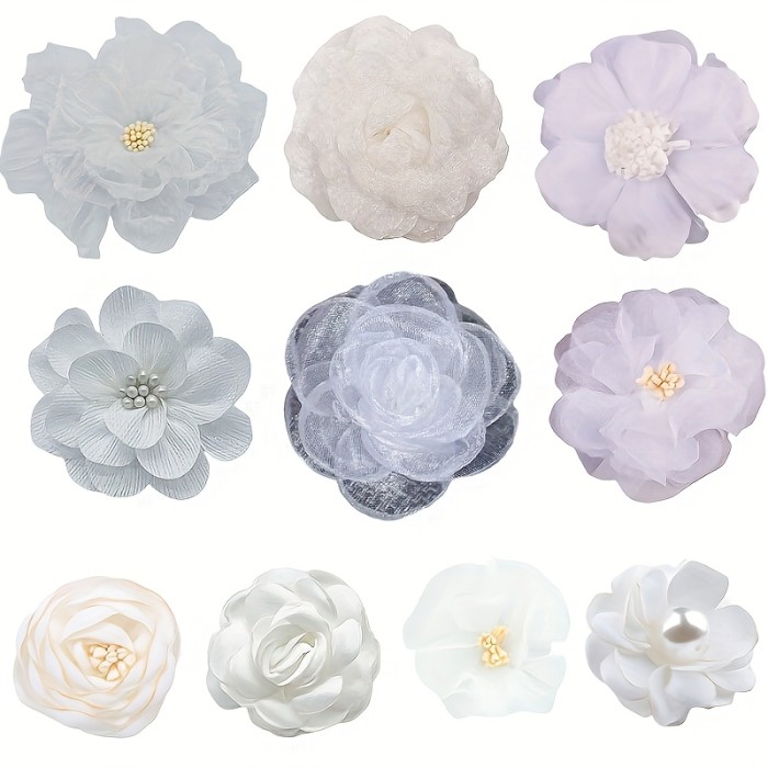 10pcs of White Series Mixed Style Chiffon Fabric Floral Wedding Artificial Flower Dress Hat Decorations