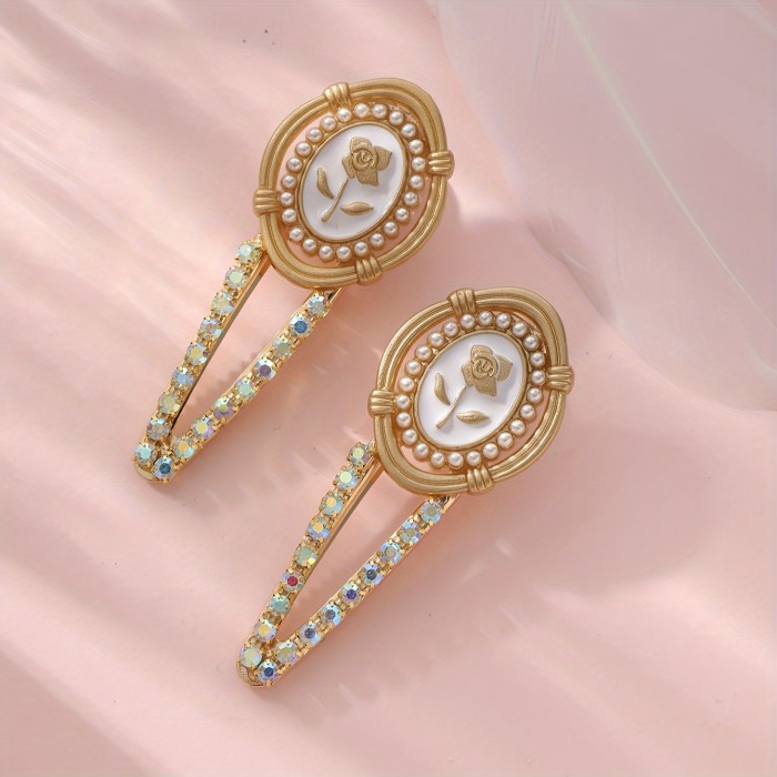 2pcs\u002Fset Personality Unique Duckbill Clips Exquisite Rhinestone Faux Pearl Decor One Line Clips Water Drop Metal Headpiece Hair Accessories