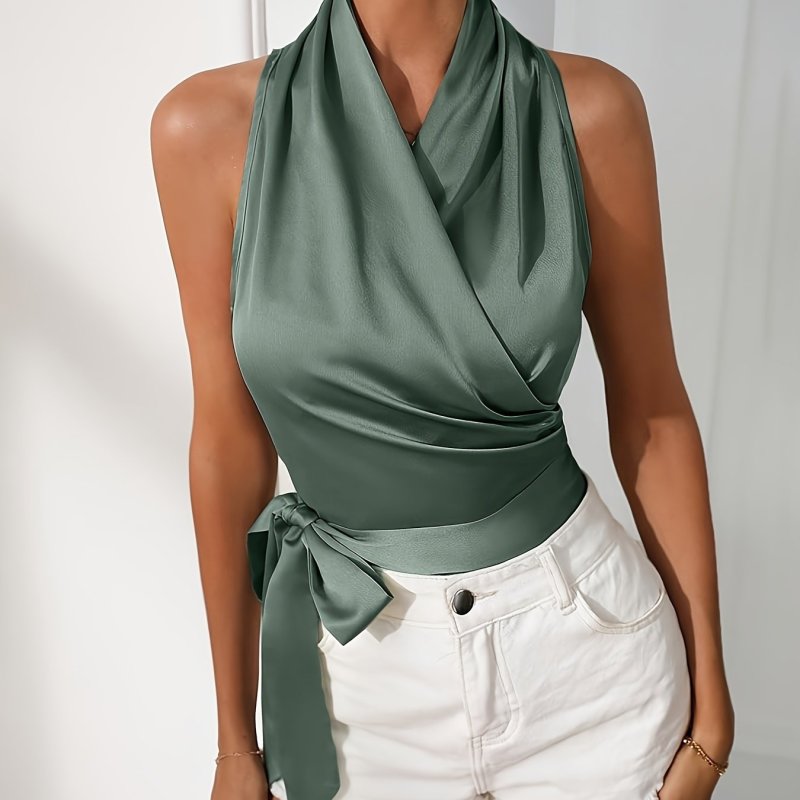 Solid Color Belted Halter Top, Elegant Sleeveless Ruched Top For Spring & Summer, Women's Clothing