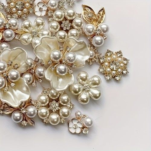 22pcs Faux Pearl And Rhinestone Buttons Set - Assorted Alloy Floral Pendants for Jewelry Making, Embellishments, And Craft Projects - Durable Plastic And Metal Materials - Versatile Packaging Ribbon And Jewelry Box Supplies,Jewelry Making Display & Packaging Supplies