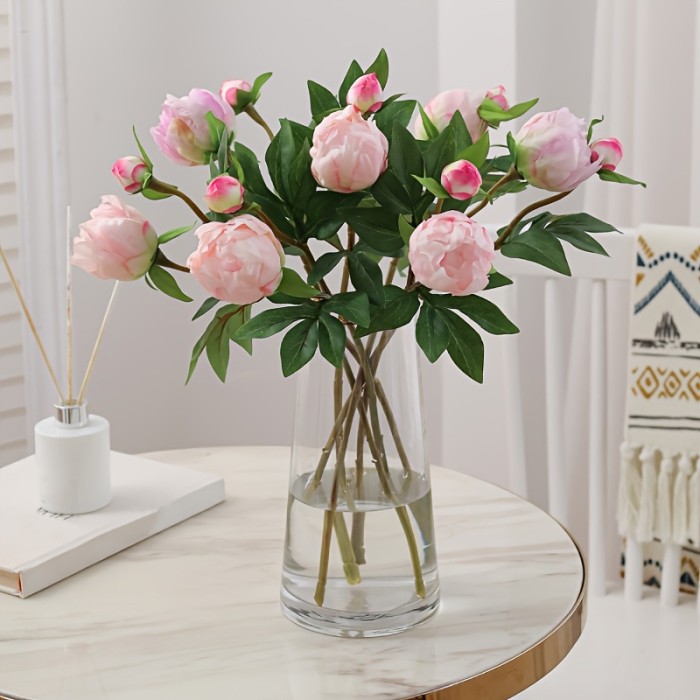 5pcs Realistic 2-Head Peony Artificial Flowers, Silk Paeonia Faux Floral, Perfect for Vase Arrangements, Home Living Room Tabletop Decor, Outdoor Garden, Wedding, Valentine'S Day, Birthday Party Gift, Spring Season Home Decor Without Container