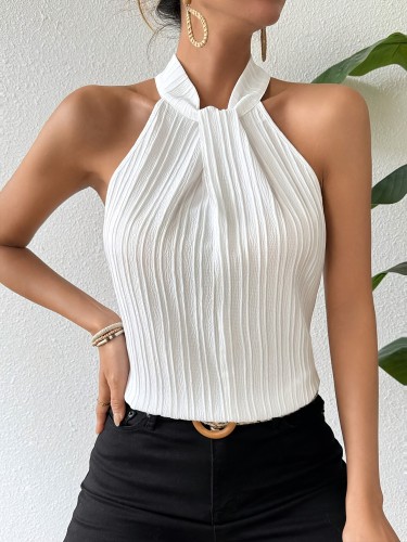 Print White Halter Neck Women's Tank Top - Casual Ribbed Texture, Sleeveless Polyester Blouse with Pleated Detail, Machine Washable for Spring\u002FSummer