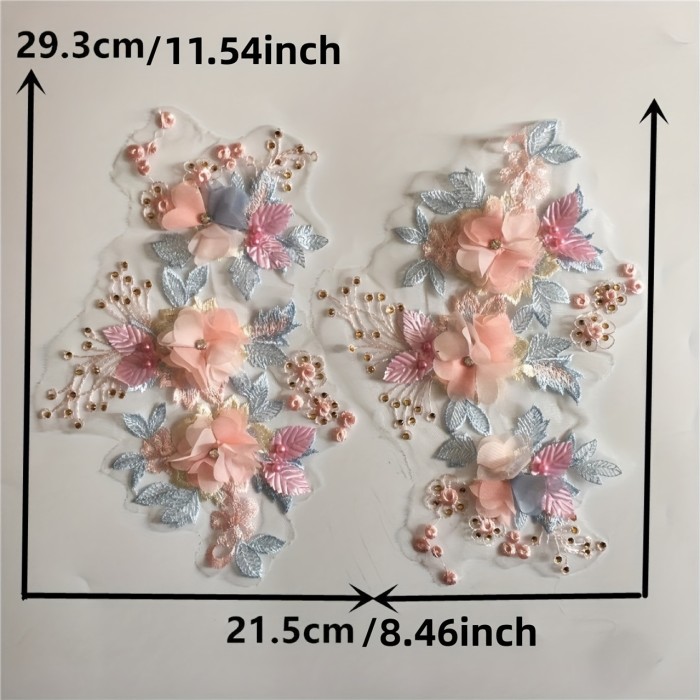 1Pair Elegant Pink 3D Floral & Pearl Lace Collar Appliques - DIY Tulle Embellishments for Women's Clothing, Dresses & Wedding Attire, Wedding Dress Accessory|Floral Lace Design|Pearl Accents
