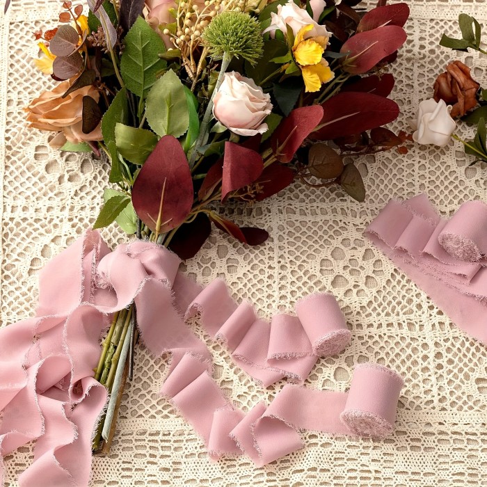3 Pack Dusty Rose Chiffon Ribbon Rolls with Frayed Edges - Luxurious Hand-Torn Silk Ribbons for Exquisite Flower Bouquets, Elegant Wedding Decor, Gift Wrapping, and Craft Projects - Soft, Delicate, and Versatile Fabric Ribbon Accessories for Beautiful Floral Arrangements and DIY Creations
