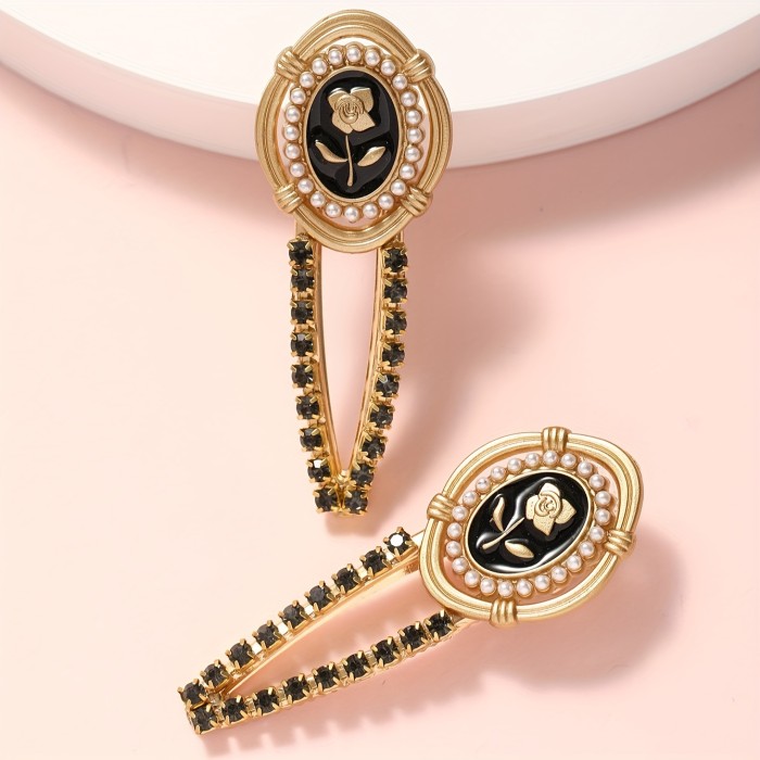 2pcs\u002Fset Personality Unique Duckbill Clips Exquisite Rhinestone Faux Pearl Decor One Line Clips Water Drop Metal Headpiece Hair Accessories