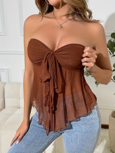 Breathable Polyester Blend Sexy Cami Top - Summer 2024 Non-See-Through Solid Color with Bow Detail for Women