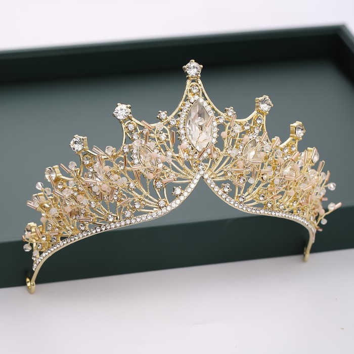 1Pc Golden Handmade Knitting Baroque Queen Crown And Tiaras For Women Birthday Princess Crowns For Girls-Crystal Rhinestone Mermaid Tiara