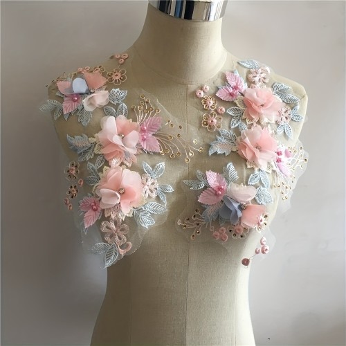 1Pair Elegant Pink 3D Floral & Pearl Lace Collar Appliques - DIY Tulle Embellishments for Women's Clothing, Dresses & Wedding Attire, Wedding Dress Accessory|Floral Lace Design|Pearl Accents
