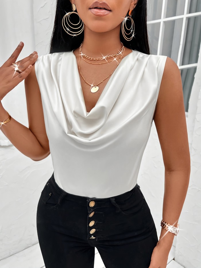 Summer Elegant Sleeveless Solid Color Cowl Neck Tank Top, Women's Clothing