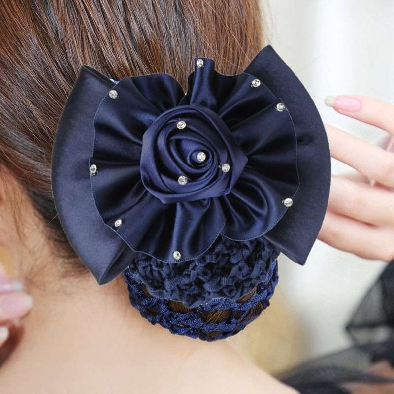 Korean Style Women Headdress Flower Rhinestone Ponytail Holder Girl Hair Accessory Girl Bun Cover Snood Spring Clip