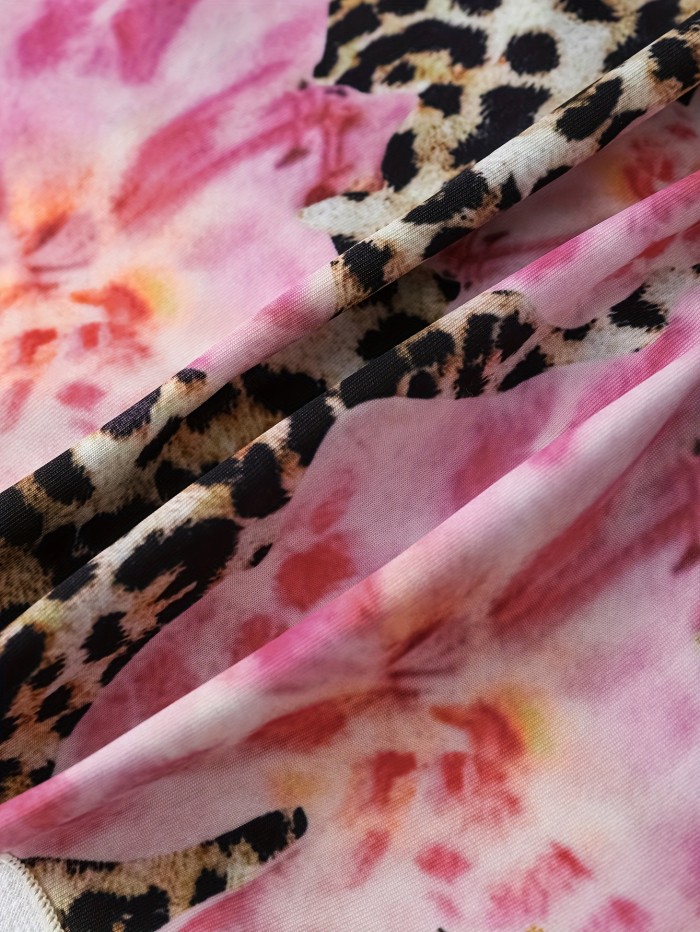 Stretchy Polyester Off-Shoulder Print Top Women's Vacation-Ready Floral & Leopard Print Off-Shoulder Tank Top with Twist Detail - Stretchy Polyester Blend, Machine Washable, Front Slit, Festival