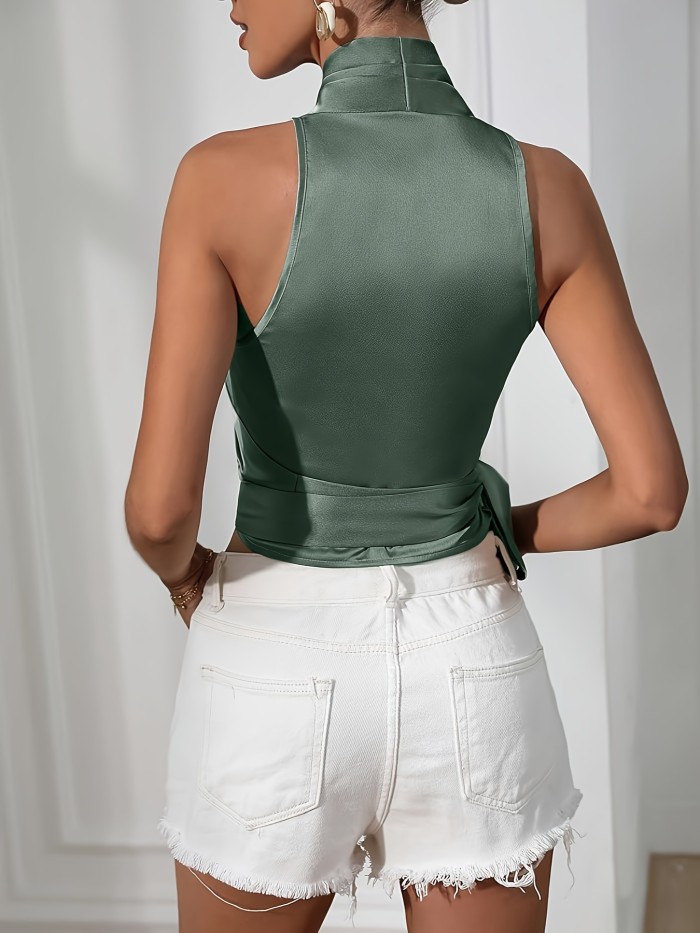 Solid Color Belted Halter Top, Elegant Sleeveless Ruched Top For Spring & Summer, Women's Clothing