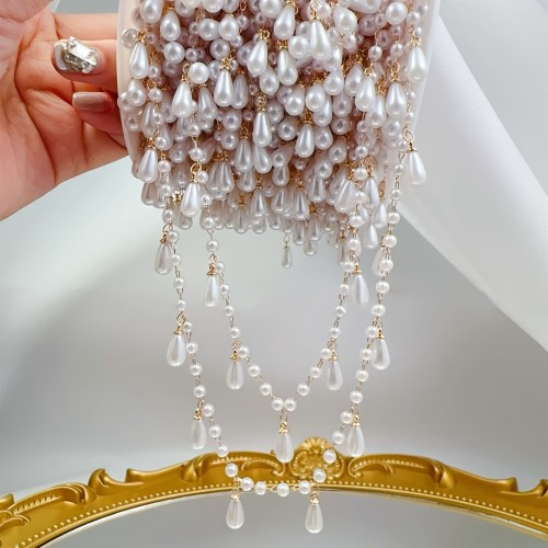 1pc MINGXUAN Elegant Traditional Style 39.37 inch High-Polish Synthetic Pearl Tassel Chain, Copper Material, DIY Performance Costume Hair Accessory