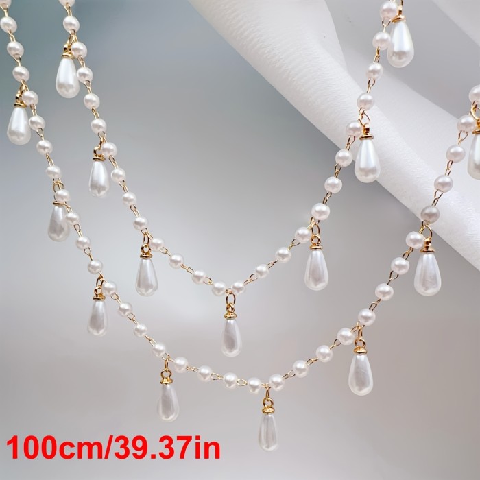 1pc MINGXUAN Elegant Traditional Style 39.37 inch High-Polish Synthetic Pearl Tassel Chain, Copper Material, DIY Performance Costume Hair Accessory