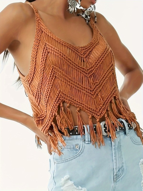 Sleeveless V Neck Tassel Trim Knitted Cami Top, Vintage Solid Color for Spring & Summer, Women's Clothing