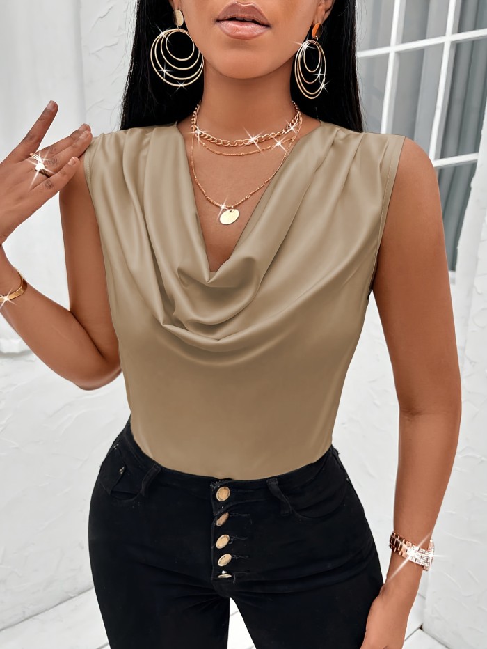 Summer Elegant Sleeveless Solid Color Cowl Neck Tank Top, Women's Clothing