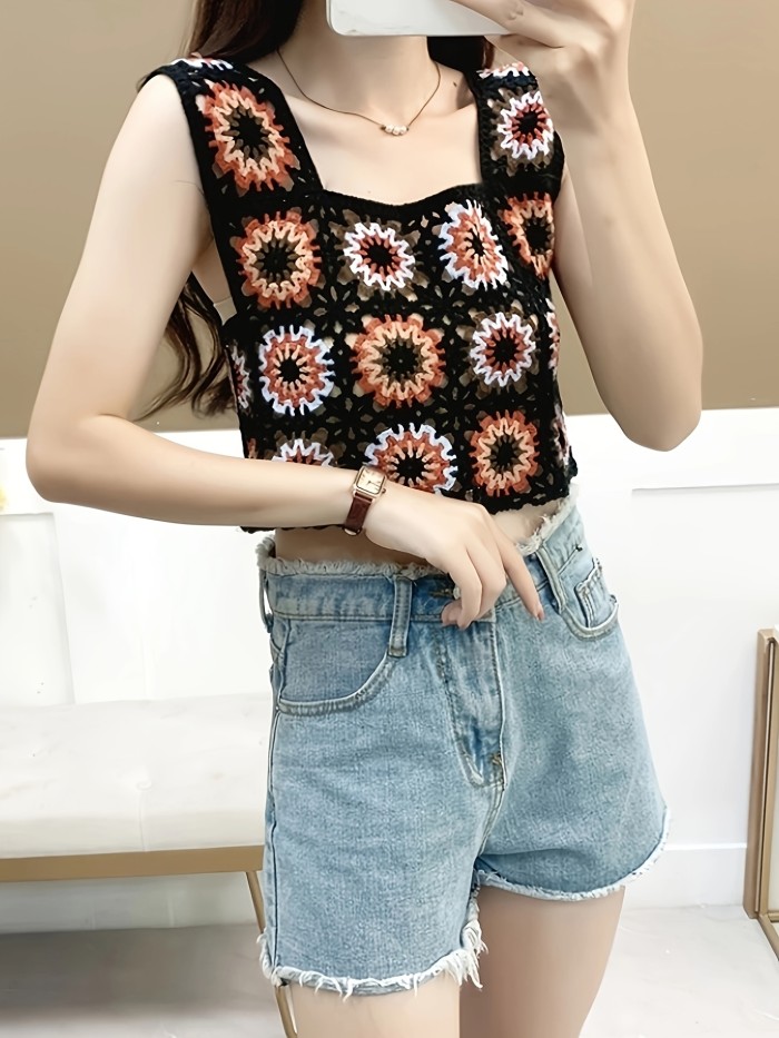 Women'S Casual Geometric-Pattern Embroidered Hollow Knit Camisole, Acrylic Sleeveless Square Neck Vest Top for Summer