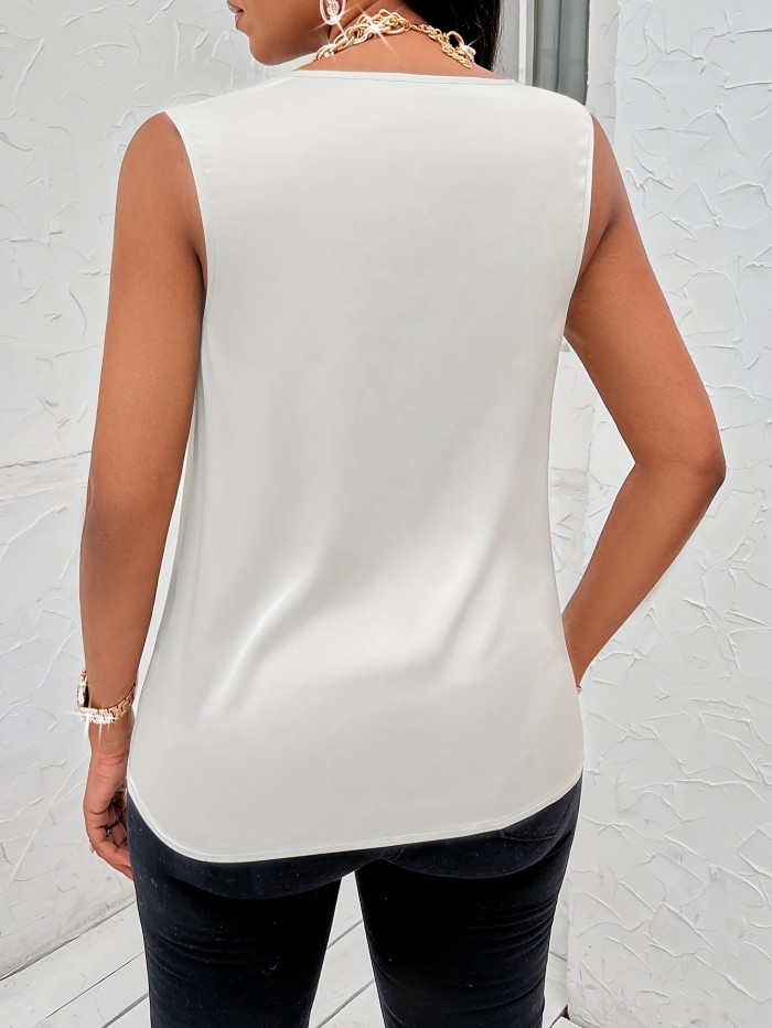 Summer Elegant Sleeveless Solid Color Cowl Neck Tank Top, Women's Clothing