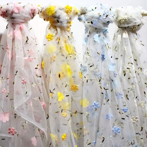1 Yard of Exquisite Floral Embroidered Tulle Fabric - Soft, Sheer, Delicate, and Perfect for Creating Stunning DIY Dresses, Wedding Gowns, Elegant Curtains, Tablecloths, and Fashionable Handbags