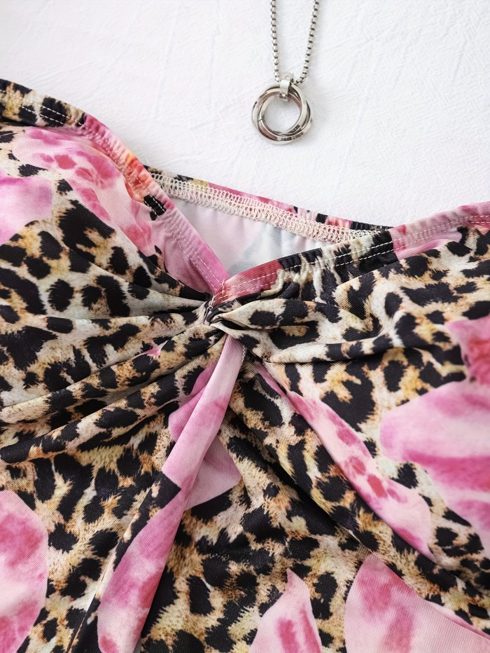 Stretchy Polyester Off-Shoulder Print Top Women's Vacation-Ready Floral & Leopard Print Off-Shoulder Tank Top with Twist Detail - Stretchy Polyester Blend, Machine Washable, Front Slit, Festival