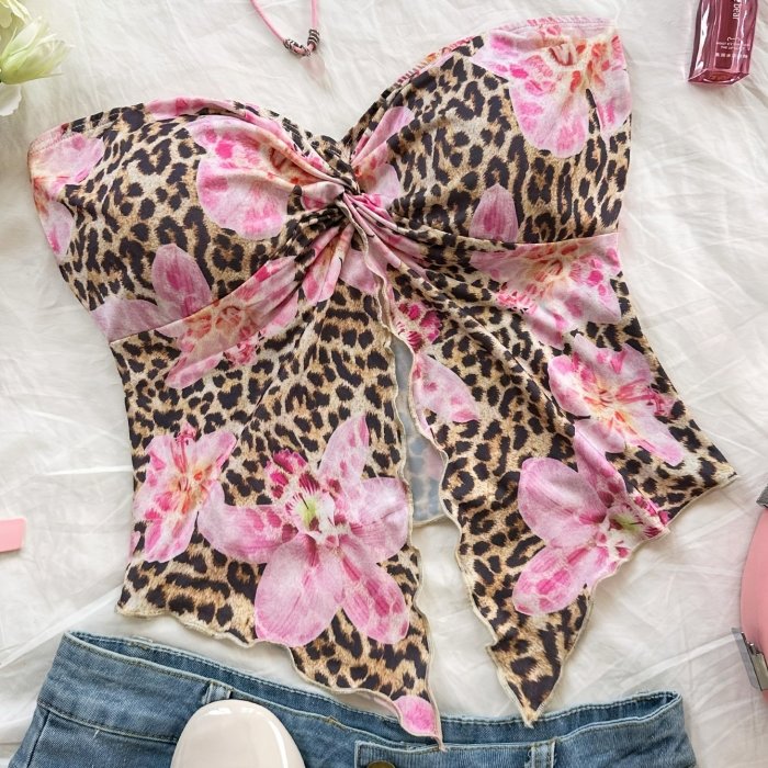 Stretchy Polyester Off-Shoulder Print Top Women's Vacation-Ready Floral & Leopard Print Off-Shoulder Tank Top with Twist Detail - Stretchy Polyester Blend, Machine Washable, Front Slit, Festival