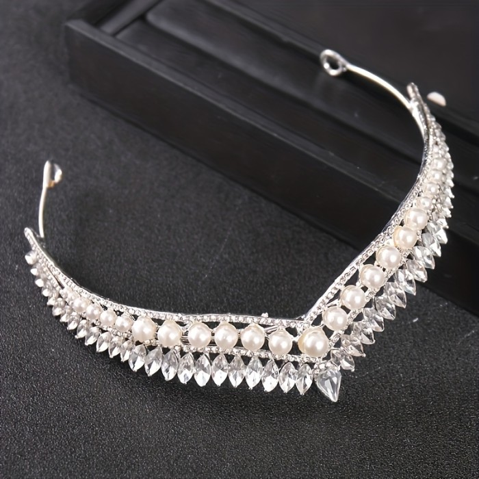 1pcs Fashion Pearl Rhinestone Crown Headpiece Exquisite Rhinestone Leaf Crown Hair Ornament Princess Birthday Party Dress Crown