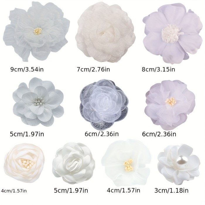 10pcs of White Series Mixed Style Chiffon Fabric Floral Wedding Artificial Flower Dress Hat Decorations
