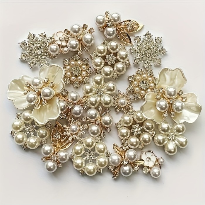 22pcs Faux Pearl And Rhinestone Buttons Set - Assorted Alloy Floral Pendants for Jewelry Making, Embellishments, And Craft Projects - Durable Plastic And Metal Materials - Versatile Packaging Ribbon And Jewelry Box Supplies,Jewelry Making Display & Packaging Supplies