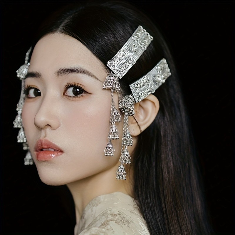 1pc Vintage Bohemian Style Acrylic Hair Clip with Tassel and Flower Elements, Oblong Solid Color Hair Accessory for Women, Single Piece, Ideal for Travel and Ethnic Fashion
