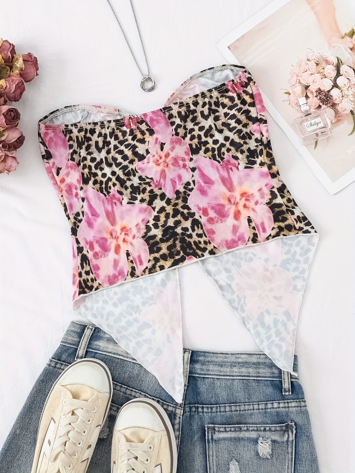 Stretchy Polyester Off-Shoulder Print Top Women's Vacation-Ready Floral & Leopard Print Off-Shoulder Tank Top with Twist Detail - Stretchy Polyester Blend, Machine Washable, Front Slit, Festival