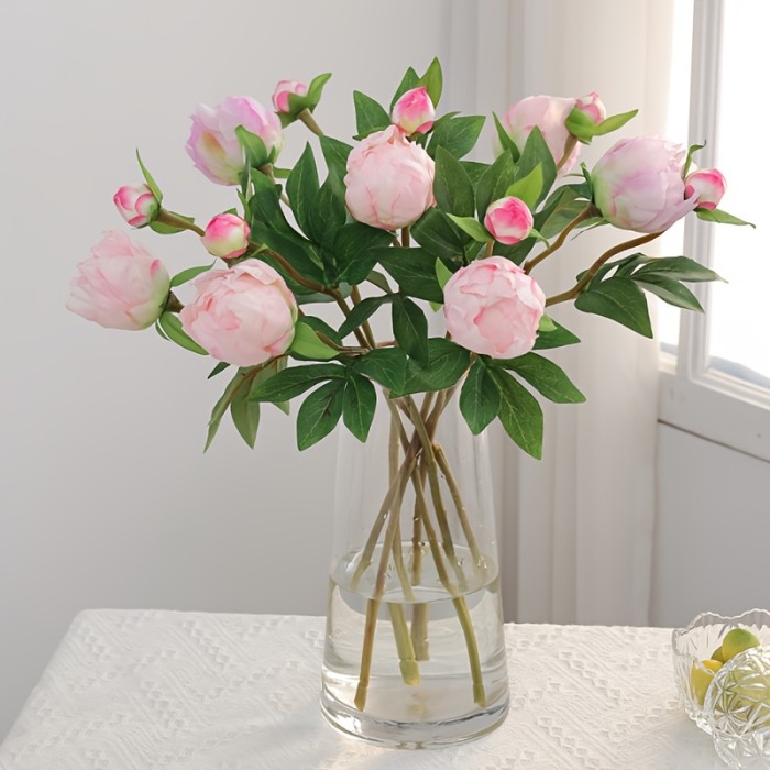 5pcs Realistic 2-Head Peony Artificial Flowers, Silk Paeonia Faux Floral, Perfect for Vase Arrangements, Home Living Room Tabletop Decor, Outdoor Garden, Wedding, Valentine'S Day, Birthday Party Gift, Spring Season Home Decor Without Container
