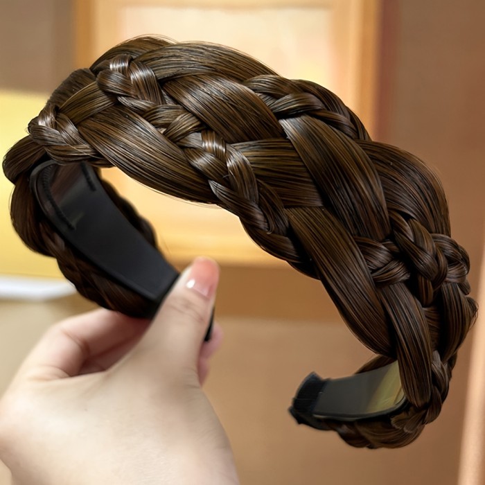 Chic Women's Braided Headband - 6-Strand Synthetic Hair, Wide Twist Braid for Stylish Updos & White Hair Coverage