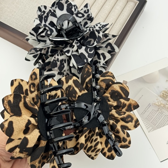 1pc Leopard Print Hair Claw Clip 1pc Vintage Leopard Print Fabric Flower Hair Claw Clip - Large Floral Shark Clip Accessory for Women, Single Piece