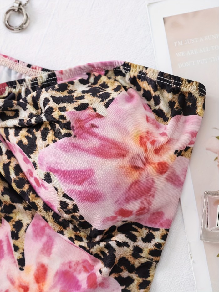 Stretchy Polyester Off-Shoulder Print Top Women's Vacation-Ready Floral & Leopard Print Off-Shoulder Tank Top with Twist Detail - Stretchy Polyester Blend, Machine Washable, Front Slit, Festival