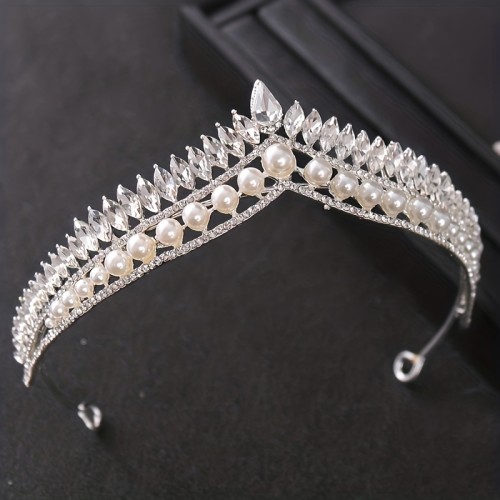 1pcs Fashion Pearl Rhinestone Crown Headpiece Exquisite Rhinestone Leaf Crown Hair Ornament Princess Birthday Party Dress Crown