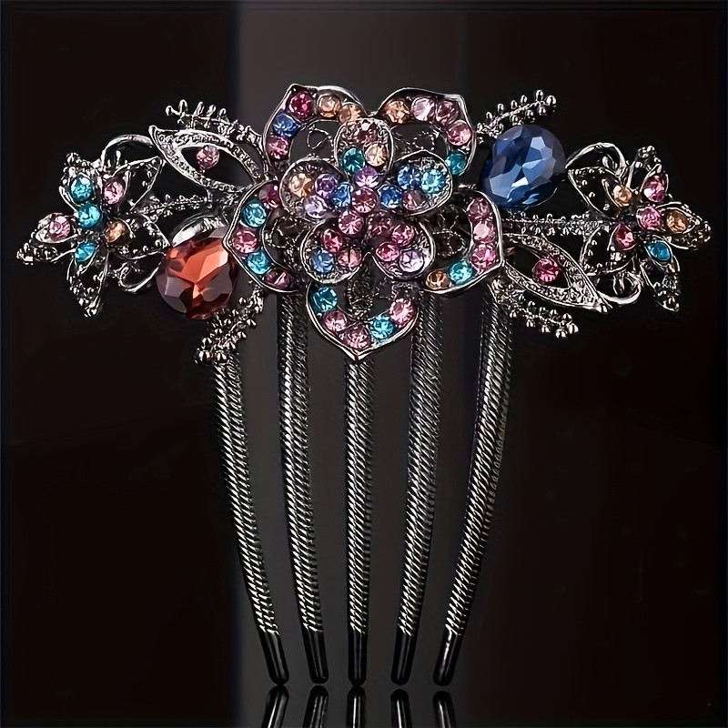 Elegant Korean Vintage Hair Claw with Rhinestones, 5-Prong Updo Comb, Floral Hair Accessory, Zinc Alloy Hair Clip for Women, Wavy Texture, Fragrance-Free, Long Hair Style, Essential for Work, Commute, Parties, Shopping, Travel