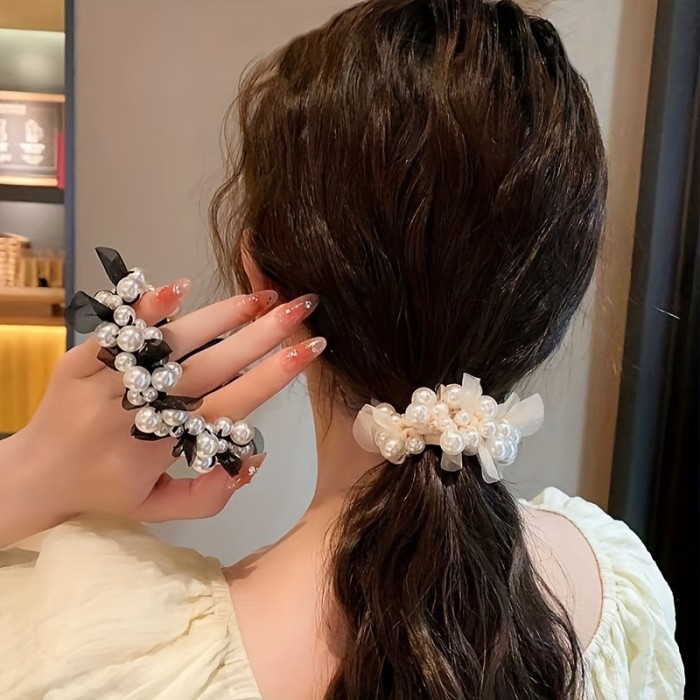 1 Women'S Hair Ring Fashionable And Simple New Style Pearl Flower Hair Ring Pearl Crown Rhinestone Hair Ring Headdress Ponytail Headband Hair Accessories