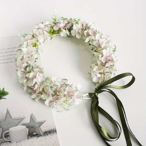 1pcs Exquisite Floral Bridal Headband - Durable Acrylic Hydrangea Flower Crown with Adjustable Ribbon Tie for Comfortable Wearing, Perfect for Bridesmaids, Weddings, Parties, Beach Holidays, and Special Occasions - Long-Lasting Polyester Fiber Hair Accessory with Easy Care