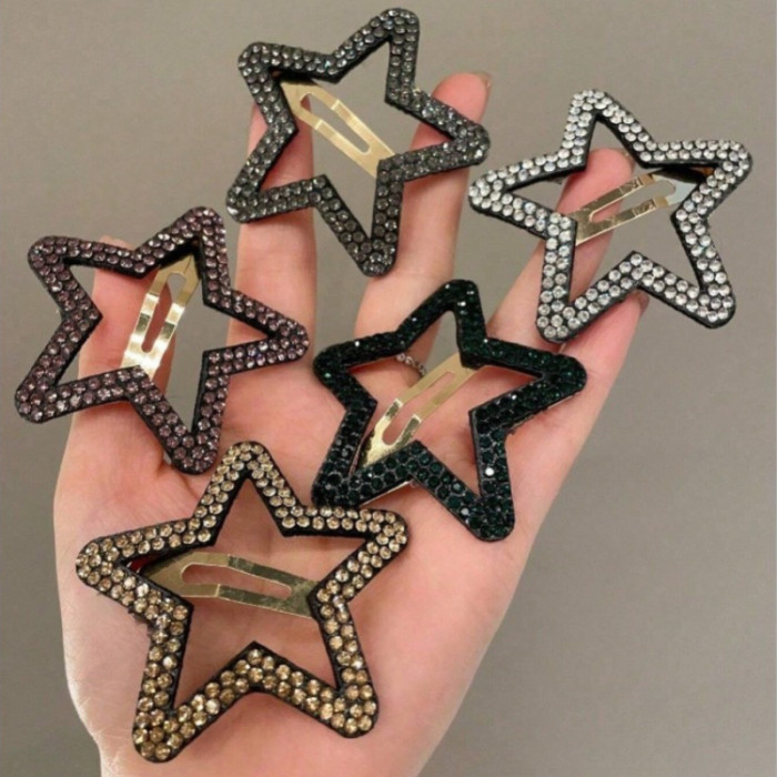 5-Pack Elegant Hair Clips 5-Pack Alloy Star-Shaped Hair Clips with Rhinestones for Women, Vintage Elegant Hollow-Out Design, Fashionable Hair Accessories for Ages 14+