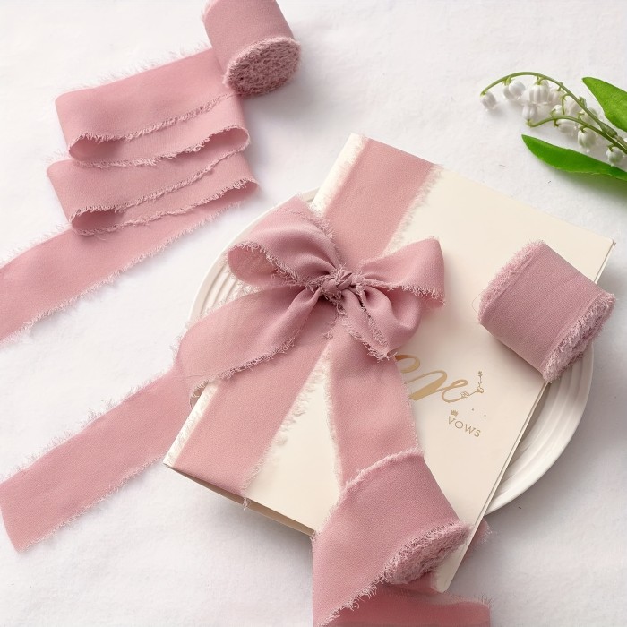 3 Pack Dusty Rose Chiffon Ribbon Rolls with Frayed Edges - Luxurious Hand-Torn Silk Ribbons for Exquisite Flower Bouquets, Elegant Wedding Decor, Gift Wrapping, and Craft Projects - Soft, Delicate, and Versatile Fabric Ribbon Accessories for Beautiful Floral Arrangements and DIY Creations