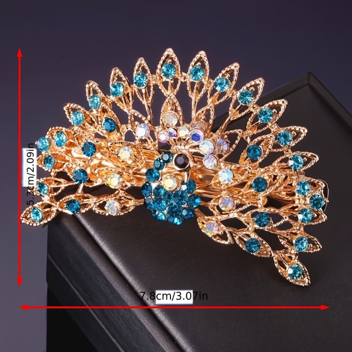 Popular Choice Elegant Peacock Hair Clip with Rhinestones, Large Korean Style Spring Ponytail Holder, Fashionable Alloy Round Animal-Shaped Solid Color Hair Accessory, Hairpin, Spring Ponytail, Hair Accessories