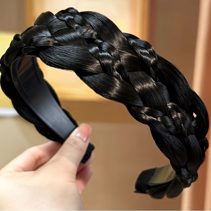 Chic Women's Braided Headband - 6-Strand Synthetic Hair, Wide Twist Braid for Stylish Updos & White Hair Coverage